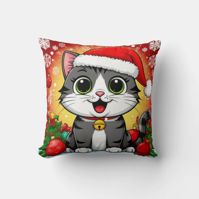 Almofada Gato de desenho animado com chapéu de Papai Noel e (Frente)
