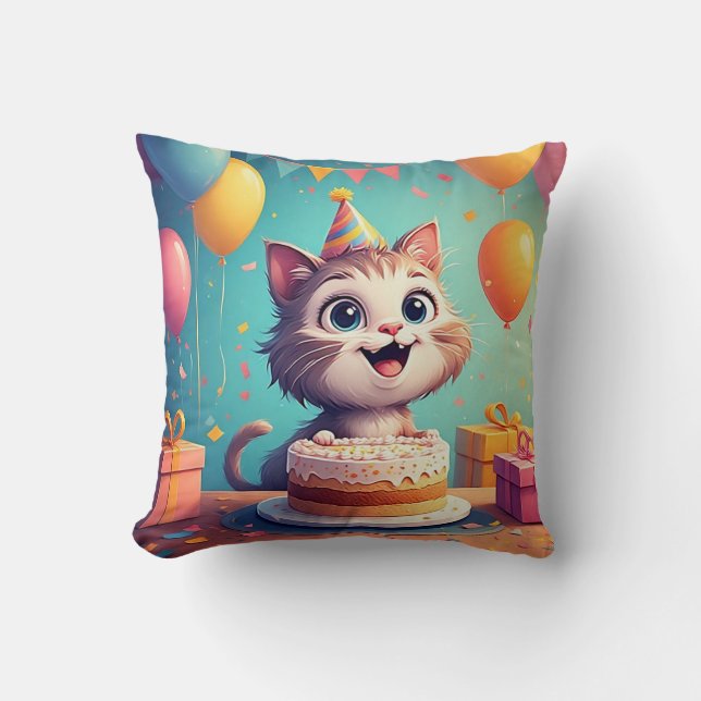 Almofada Gato de Festa Adorável Com Bolo e Balões (Frente)