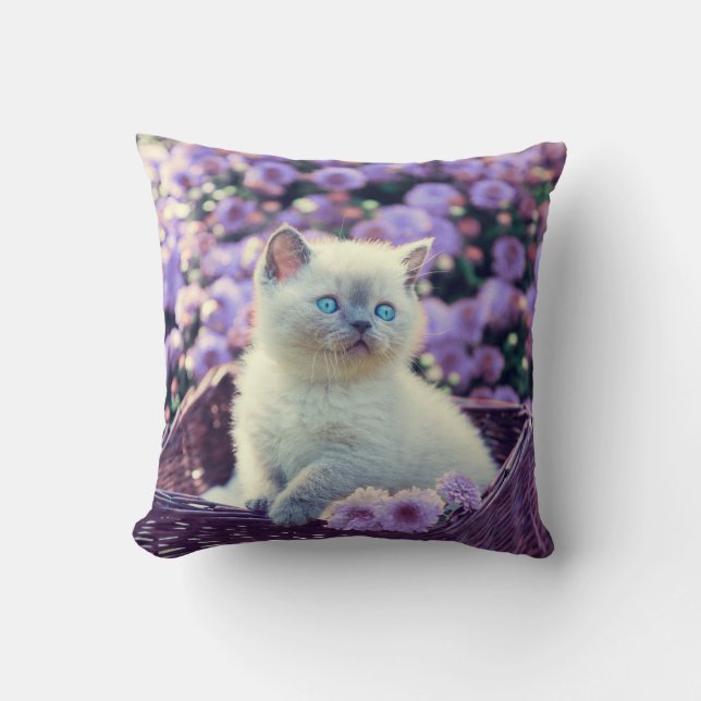 Almofada Gato De Gatinho Olhado Azul No Soquete Com Flores  (Frente)