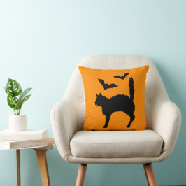 Almofada Gato de Halloween Assustado e Silhueta de Morcegos