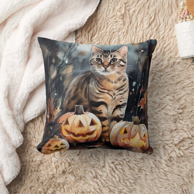 Almofada Gato de Halloween Bengal com Pumpkins assustado (Cobertor)