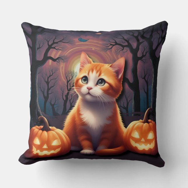 Almofada Gato de Halloween Fofo Laranja e Branco Kitty (Frente)