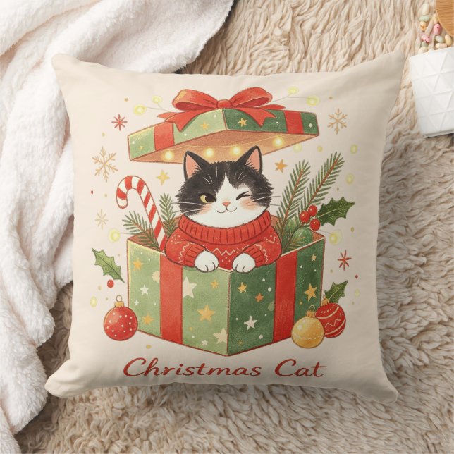 Almofada Gato de Natal em Caixa de Presente Feriado (Cobertor)