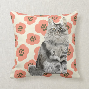 Almofada Gato de racum cinzento floral cor-de-rosa de Maine