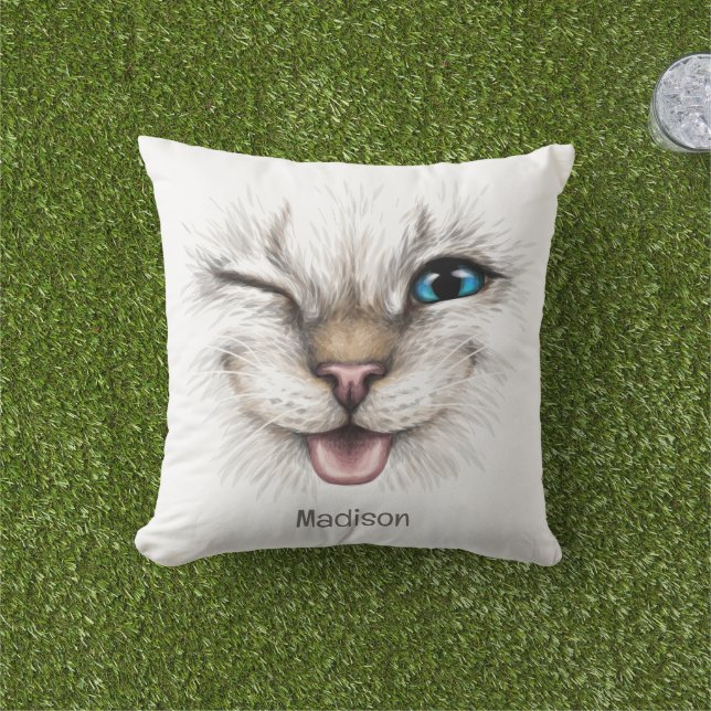 Almofada Gato de Winking de Nome Personalizado (Grama)