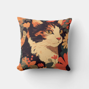 Almofada Gato do Calico Elegante no Jardim Floral
