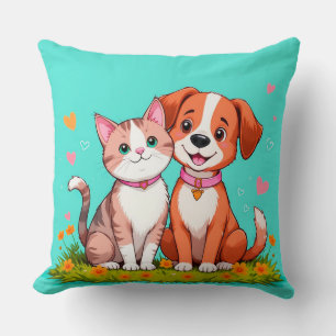Almofada Gato e Cachorro de Desenho Animado Fofo Sentados J