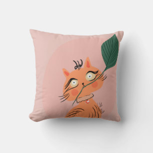 Almofada  Gato Engraçado Folha de Planta Cartoon   