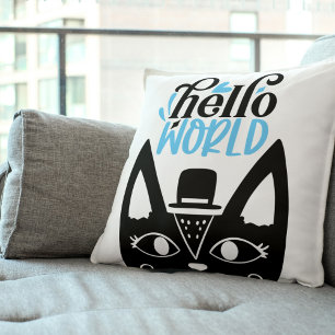Almofada Gato Escandinavo Bonito com o "Hello World"