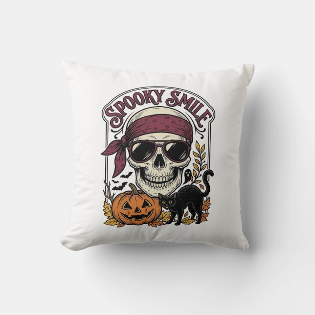 Almofada Gato Esqueleto de Halloween Gráfico de Abóbora Vin (Frente)