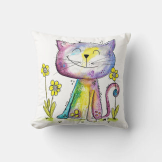 Almofada Gato Feliz Esbranquiçado e Bonito com Flores Amare