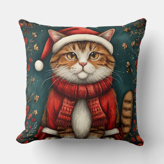 Almofada Gato Festivo Vestindo Santa Hat e Scarf (Frente)
