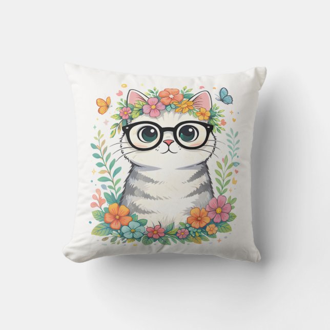 Almofada Gato Floral Fofo com Óculos (Frente)