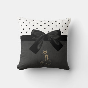 Almofada Gato Fofo Adorável, Bolinhas, Laço Preto