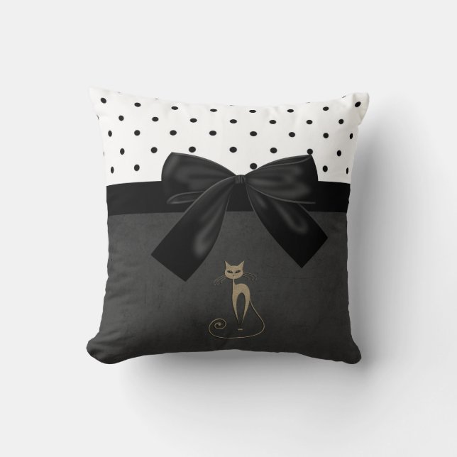 Almofada Gato Fofo Adorável, Bolinhas, Laço Preto (Frente)