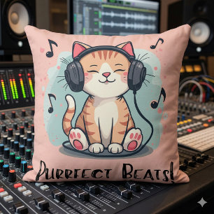 Almofada Gato Fofo com Fones de Ouvido Amante de Música Kaw