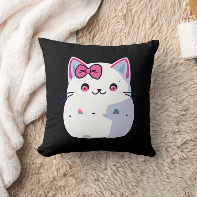 Almofada Gato Gato Branco Bonito com Bolinho Rosa (Cobertor)