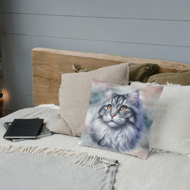 Almofada Gato gracioso de pelo longo em aquarela (Criador carregado)