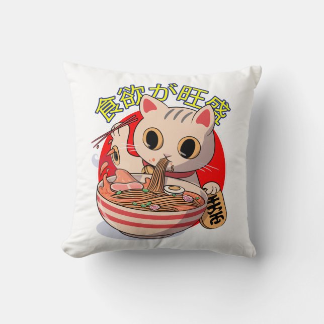 Almofada Gato Japonês Fofo Comendo Macarrão com Hashis (Frente)