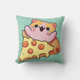 Almofada Gato Kawaii Abraçando Pizza de Pepperoni Cartoon