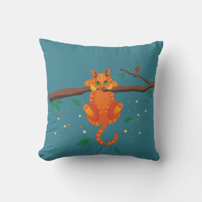 Almofada Gato laranja brincando na árvore / na cama com rat (Frente)