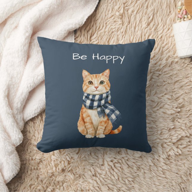 Almofada Gato Laranja Cachecol Azul Branco Seja Feliz (Cobertor)