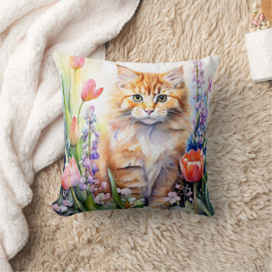 Almofada Gato Laranja de Tabby em Aquarela no Jardim de Flo