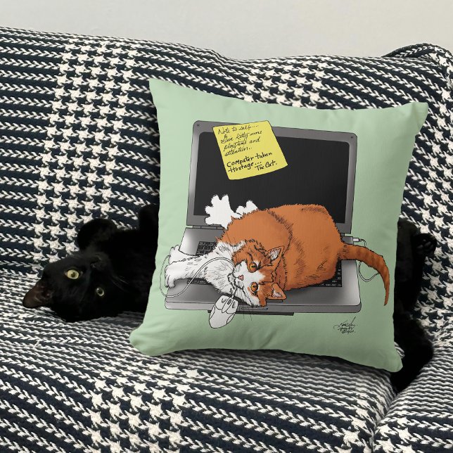 Almofada Gato Laranja Engraçado Notebook Verde Trabalho Cas (Criador carregado)