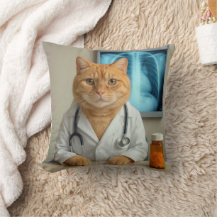 Almofada Gato Laranja Vestindo Jaleco de Laboratório Médico