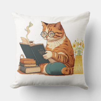 Almofada gato-mãe lendo um livro e um café de bebendo