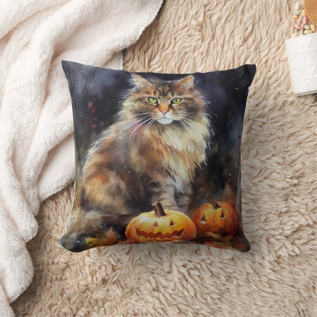 Almofada Gato Maine Coon de Halloween com Abóboras Assustad (Cobertor)