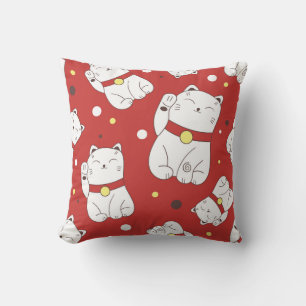 Almofada Gato Maneki-Neko, padrão de rabiscos japoneses.