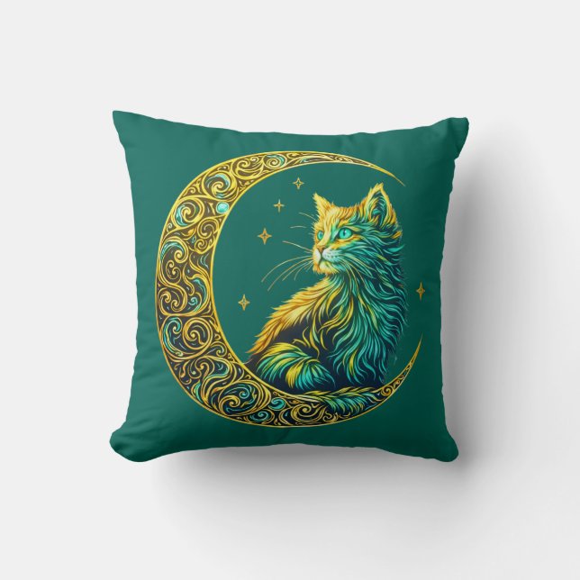 Almofada Gato Místico na Lua Desenho Noturno Celestial (Frente)