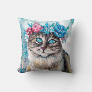 Almofada Gato na pintura de óleo de coroa floral na canvas.