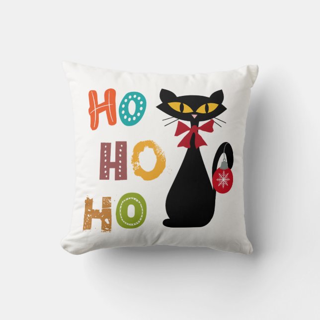 Almofada Gato negro com design de texto Ho Ho Ho (Frente)