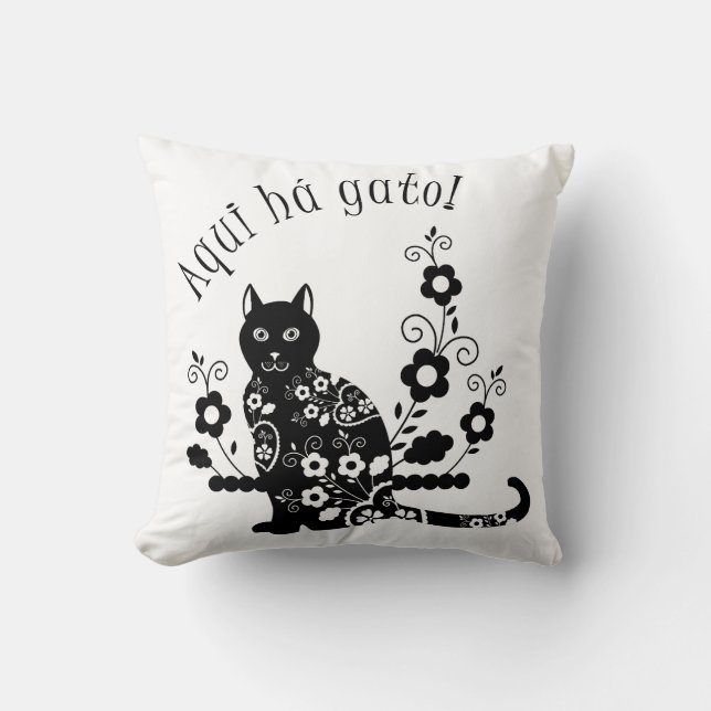 Almofada Gato negro com flores e expressão portuguesa (Frente)