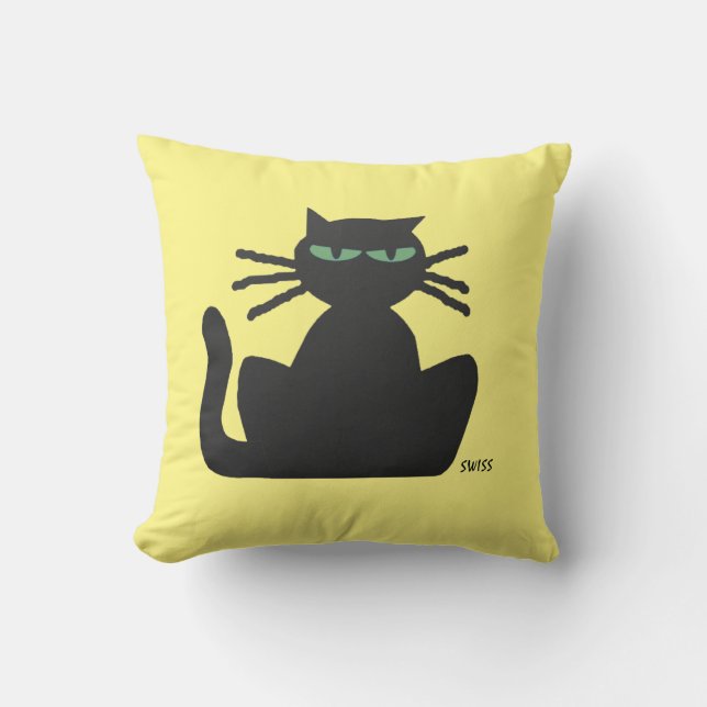 Almofada Gato Negro com Olhos Verdes Meditando ou Estreland (Frente)