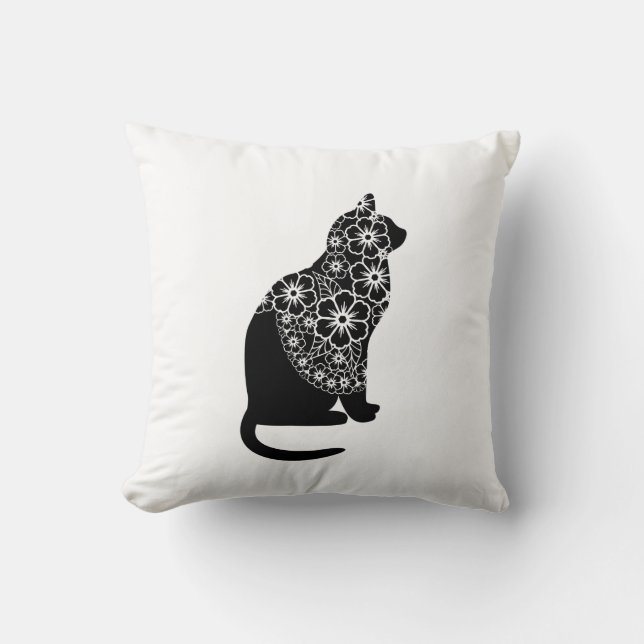 Almofada Gato Negro com Véu Floral | Gatinho Gótico Elegant (Frente)