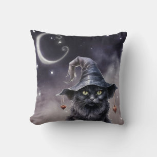 Almofada Gato Negro de Halloween Vestindo um Chapéu de Brux