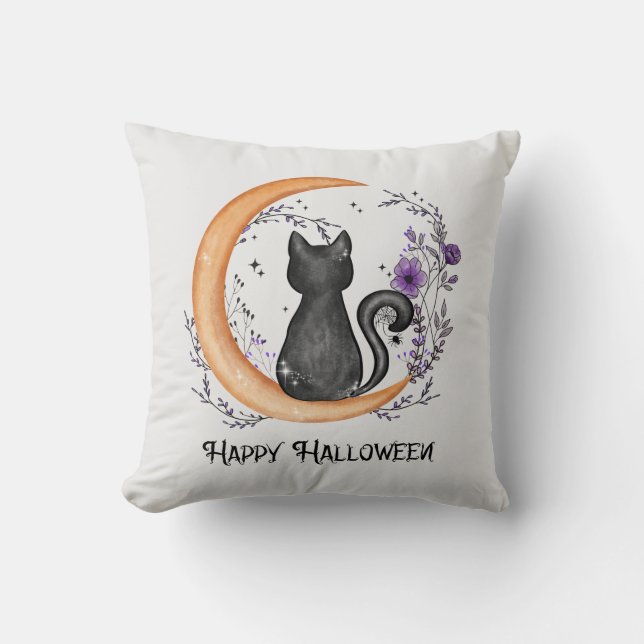 Almofada Gato Negro e Lua Crescente para Feliz Halloween (Frente)