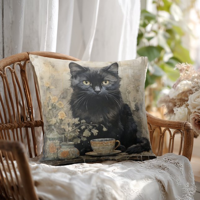 Almofada Gato Negro Elegante (Shabby Chic Black Cat Throw Pillow)