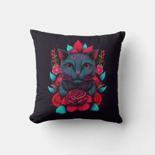 Almofada Gato Negro Elegante arredondado por Rosas vermelha