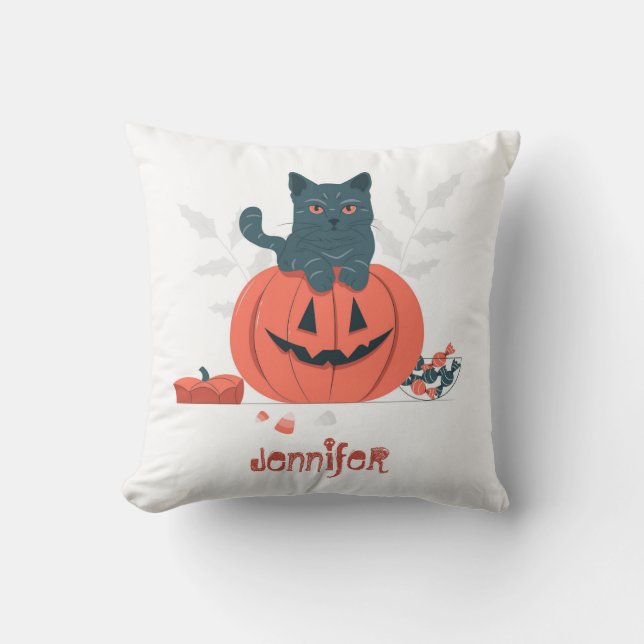 Almofada Gato Negro Halloween Sentado na Abóbora (Frente)