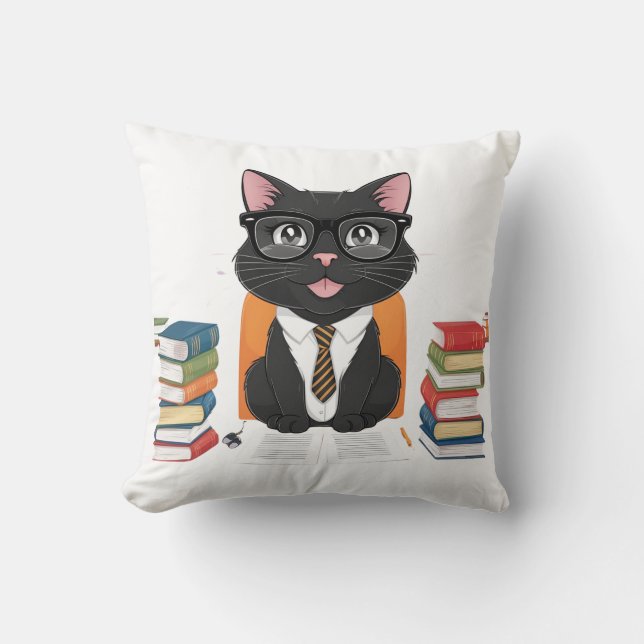 Almofada Gato Negro Inteligente com Óculos - Cartografia En (Frente)