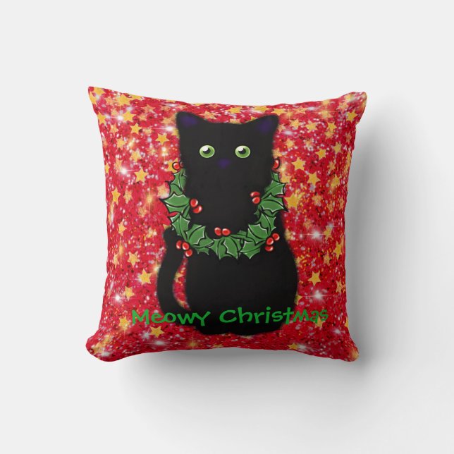 Almofada Gato negro | Meowy Christmas | Holly garland (Frente)