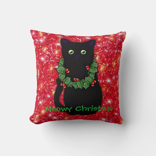 Almofada Gato negro | Meowy Christmas | Holly garland (Frente)