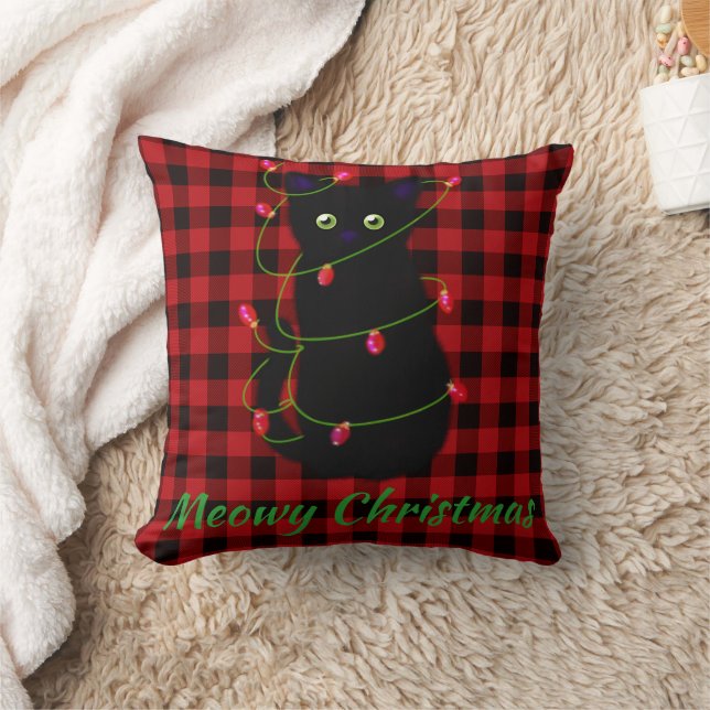 Almofada Gato negro | Meowy Christmas | luz estrelada (Cobertor)