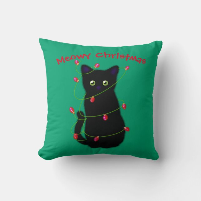 Almofada Gato negro | Meowy Christmas | Luzes cintilantes T (Frente)