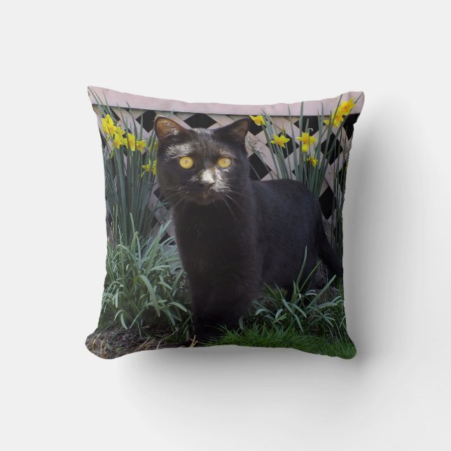 Almofada Gato Negro No Travesseiro decorativo De Daffodils (Frente)