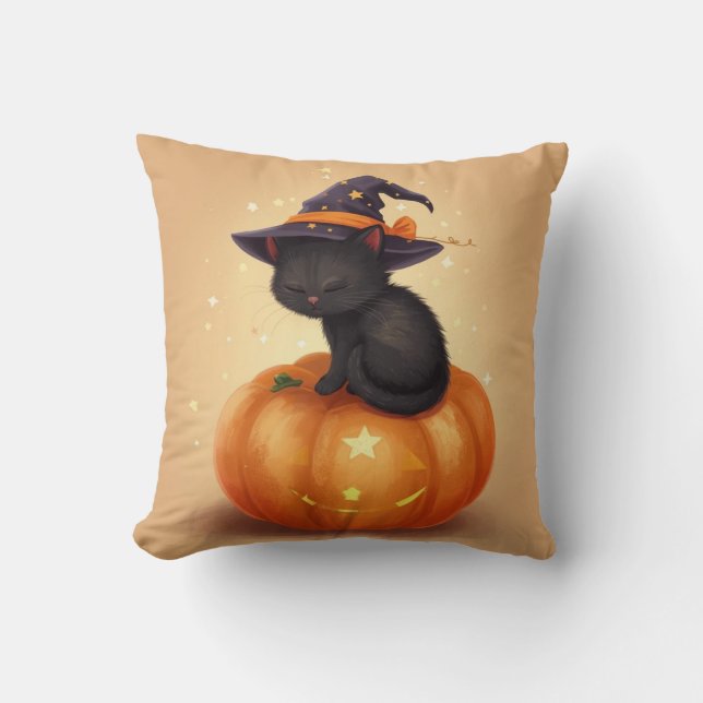 Almofada Gato Negro no Travesseiro Pumpkin Halloween (Frente)